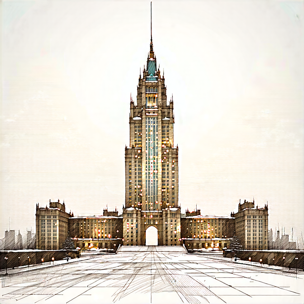 Urban Pencil Sketch: Famous Building With (snow:1.14) Covering With Drawing Large,
