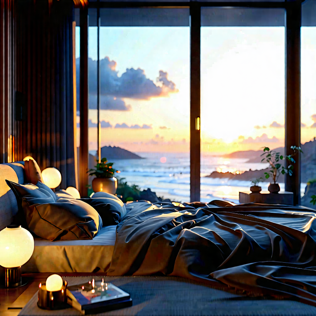 Lifestyle Graphic Design: Bedroom Sanctuary With Warm (lighting:1.21) With Large Situated