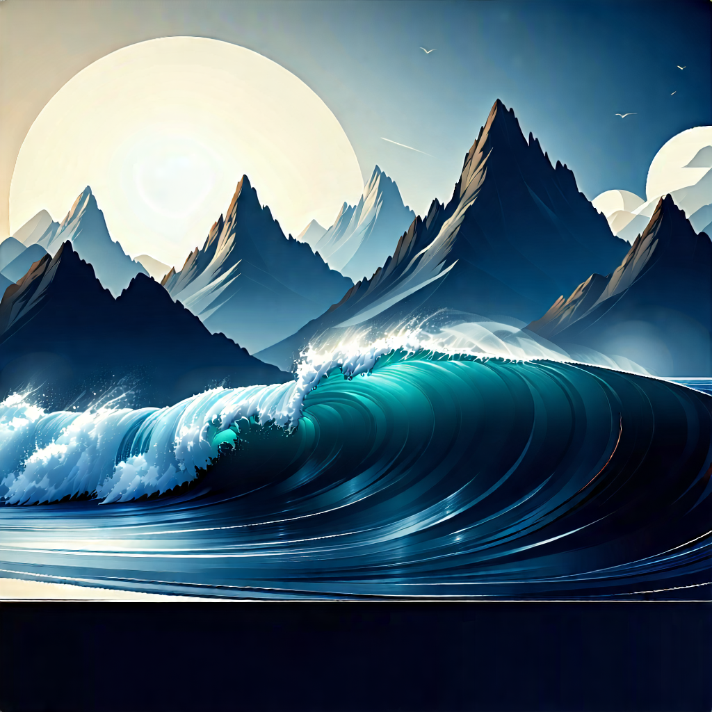 Nature Technical Illustration: Ocean waves surrounded by mountain peaks