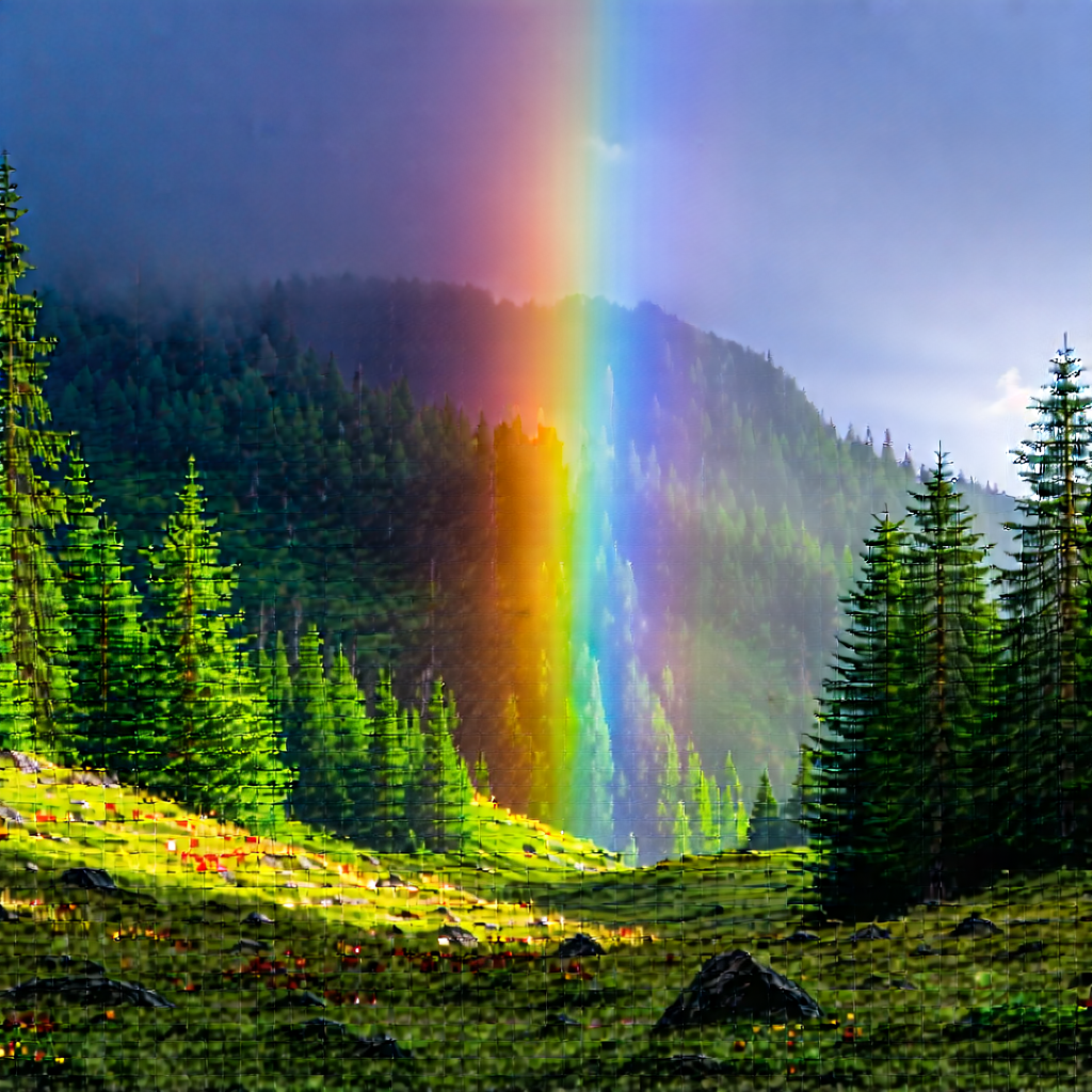 Nature Concept Art: Rainbow Over Forest Clearing With Beautiful Rainbow