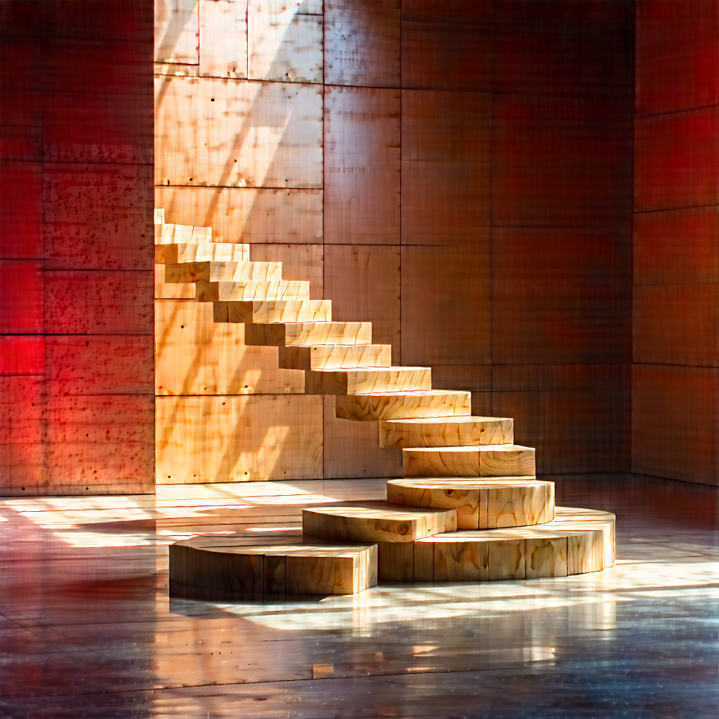 Abstract Concept Art: Wood Installation With Reflection With Wooden Staircase