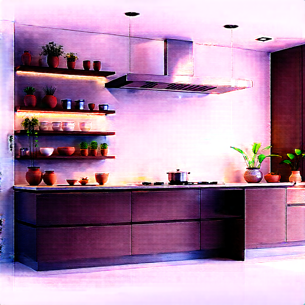 Lifestyle Pencil Sketch: Modern Kitchen With Plants And Natural Elements With Large Kitchen