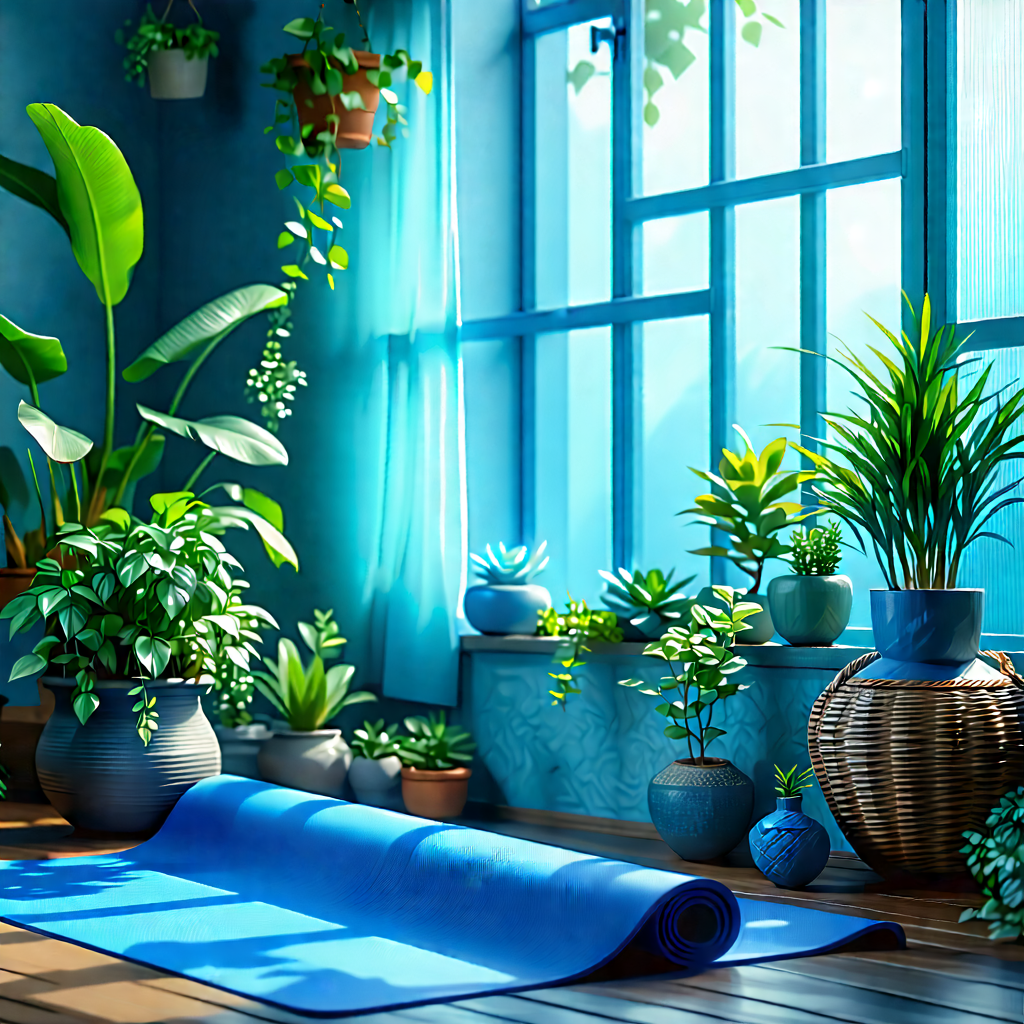 Lifestyle Blueprint Style: Wellness Scene With Yoga Mat And Plants With Cozy Room