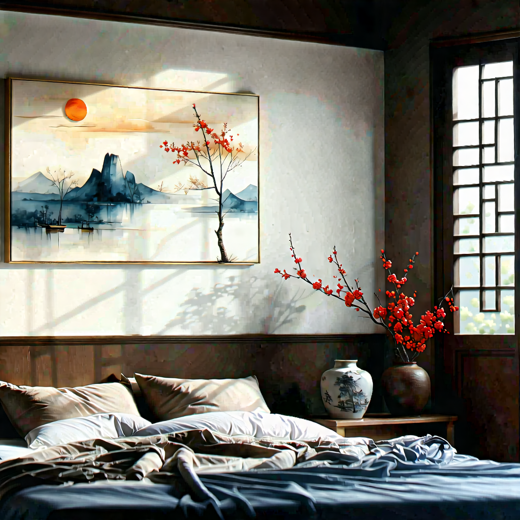 Lifestyle Oil Painting: Bedroom Sanctuary With (minimalist:1.34) Decor With Bedroom Placed