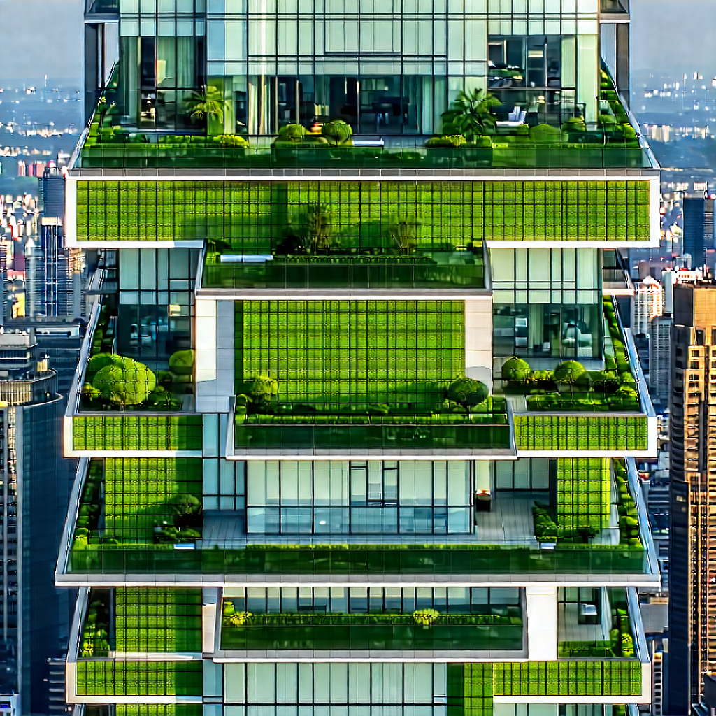 Urban Architectural Photography: Skyscraper With Green Rooftop With Large Building