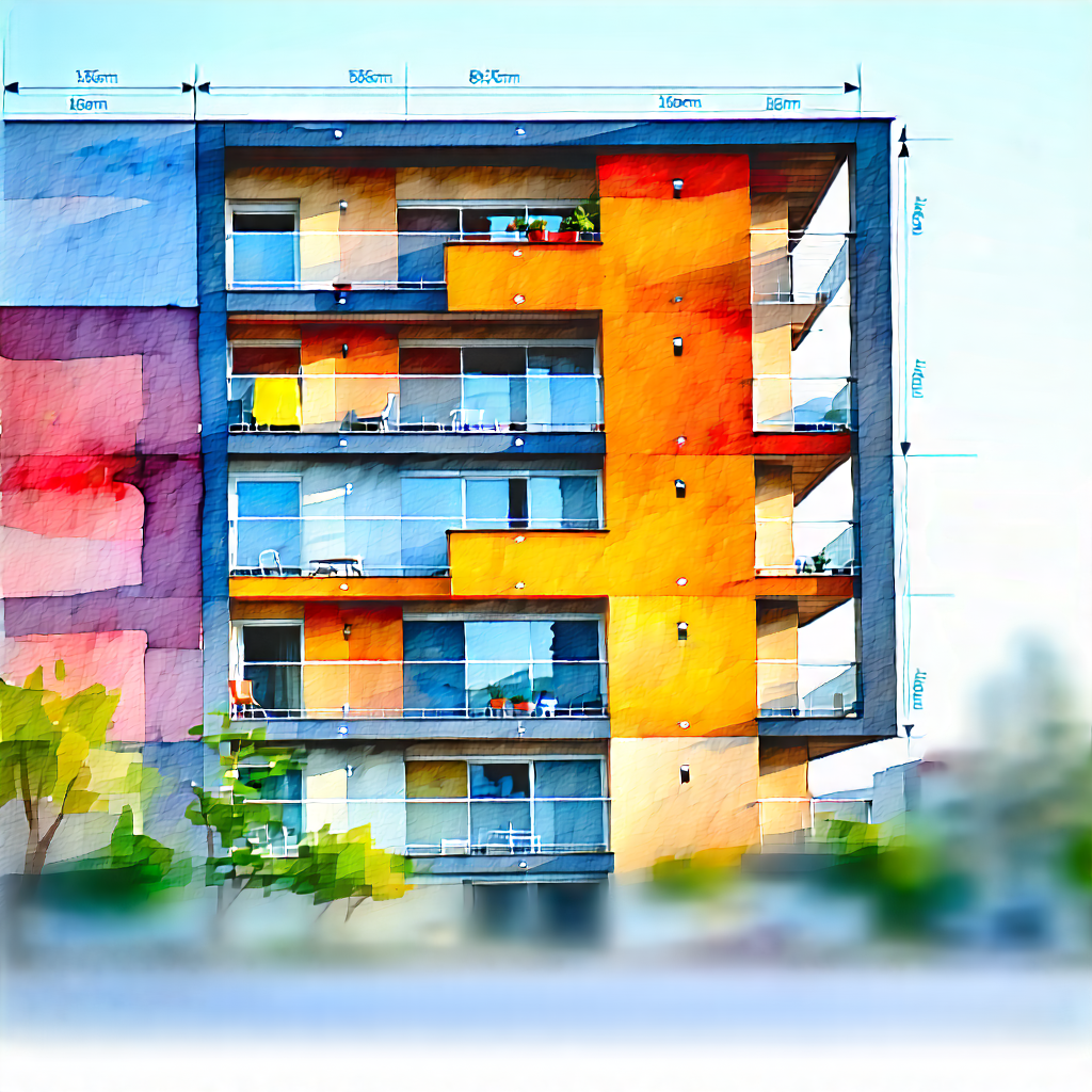 Urban Watercolor Painting: Modern Apartment Complex With Artistic Facade With Painting Large,