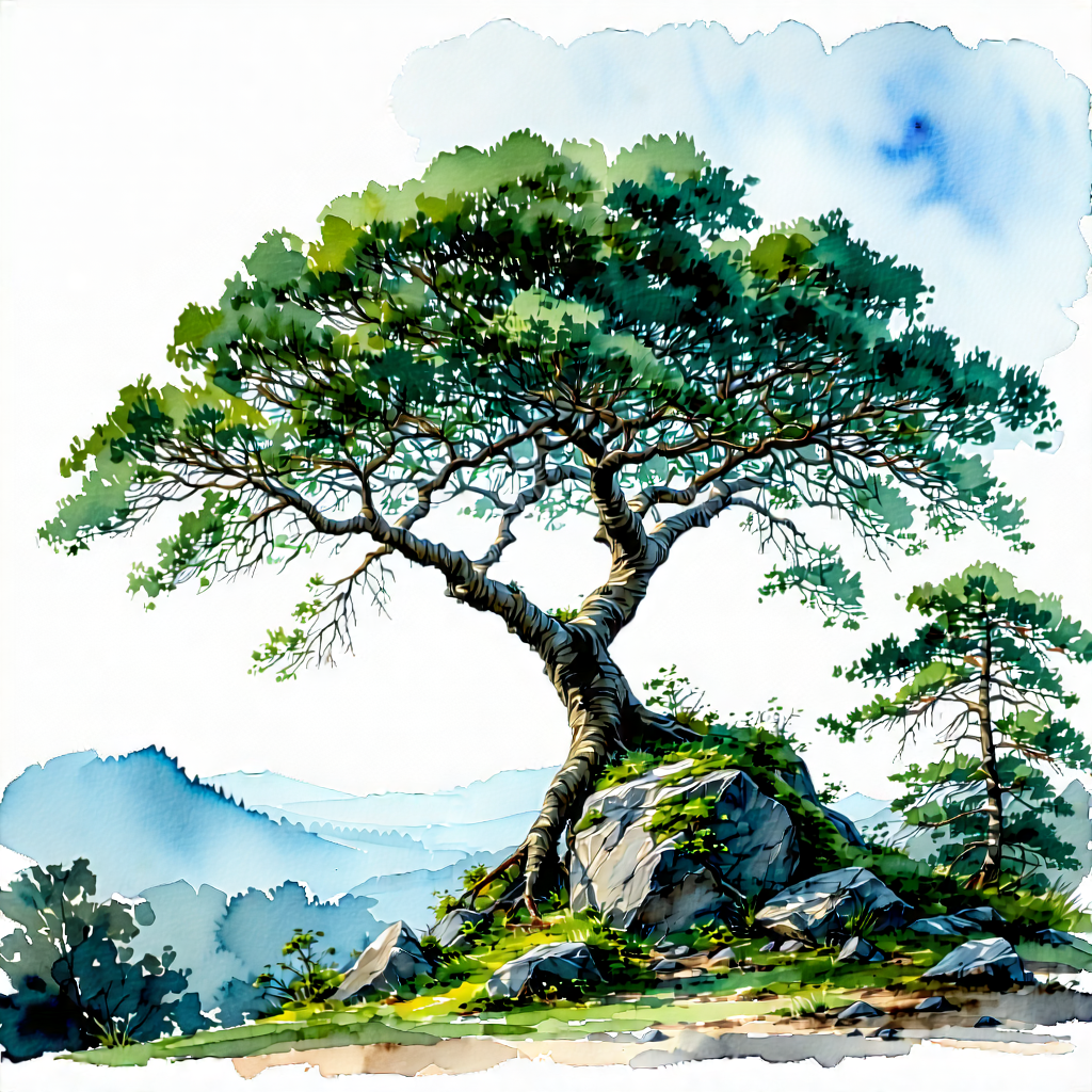 Nature Watercolor Painting: (ancient:1.25) Tree In Natural Setting With Large Tree