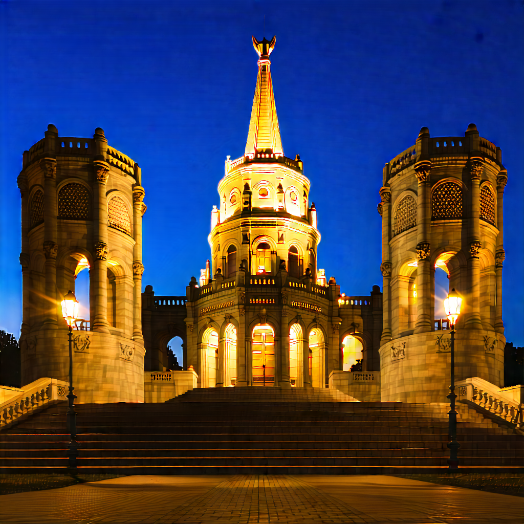 Urban Advertising Photography: Historic Monument With City Lights With Large, Ornate
