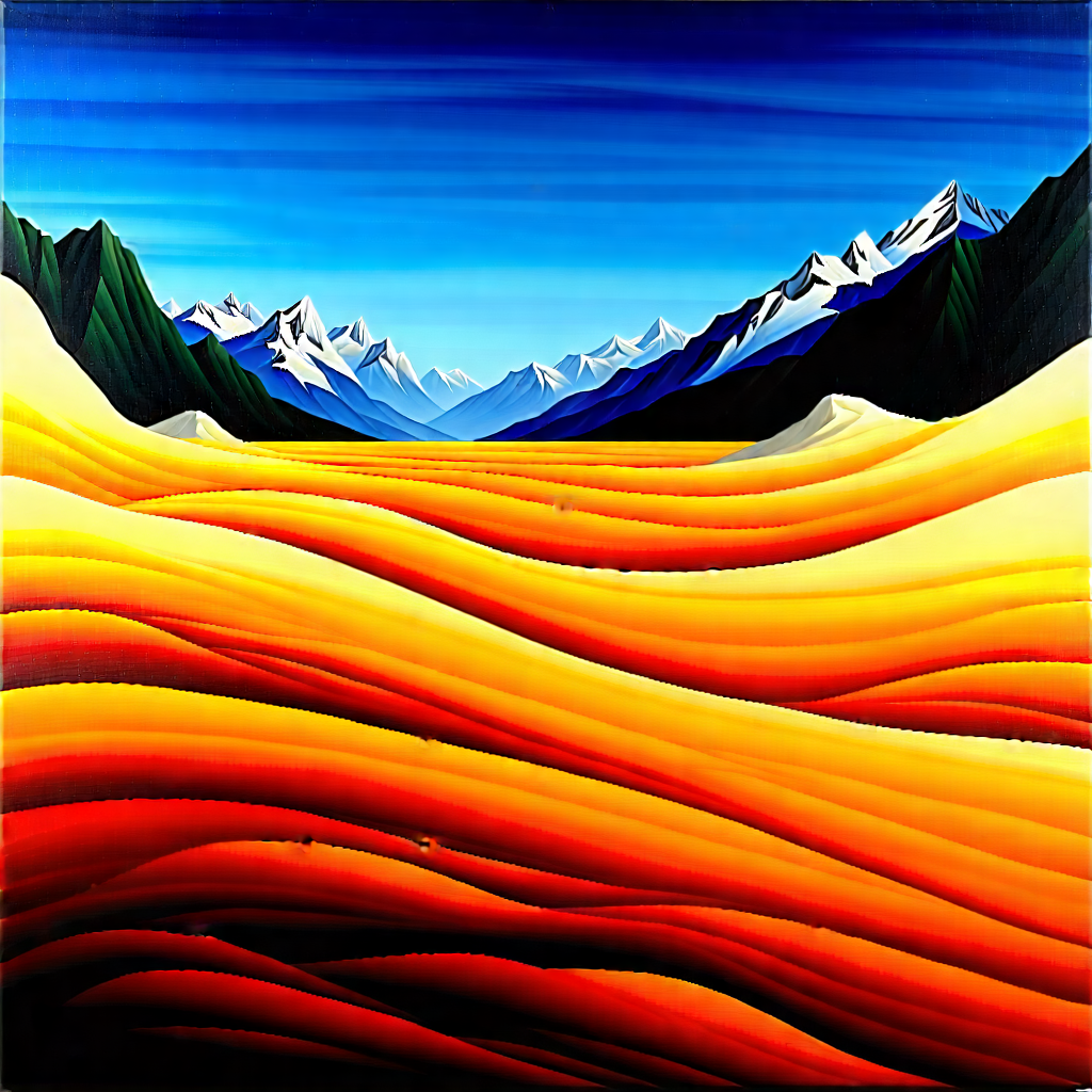 Nature Acrylic Painting: Rushing (river:1.27) Surrounded By Mountain Peaks With Beautiful Landscape