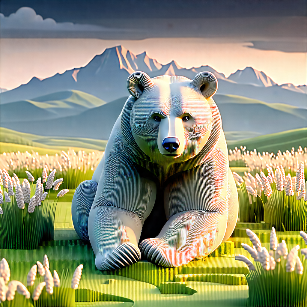 Nature 3d Render: Bear In Prairie Grassland With Large, White,