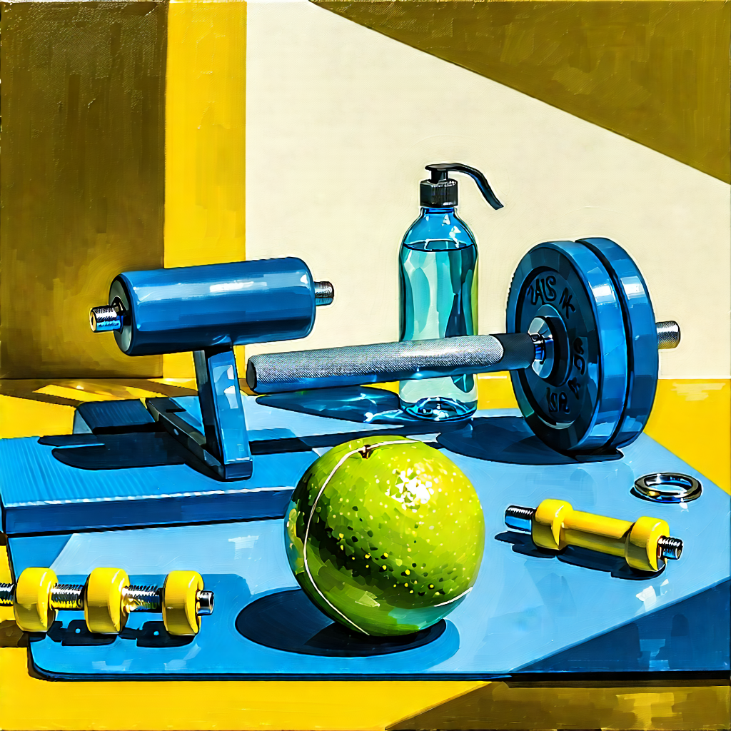 Lifestyle Gouache Painting: Wellness Scene With Fitness Equipment With Image, There