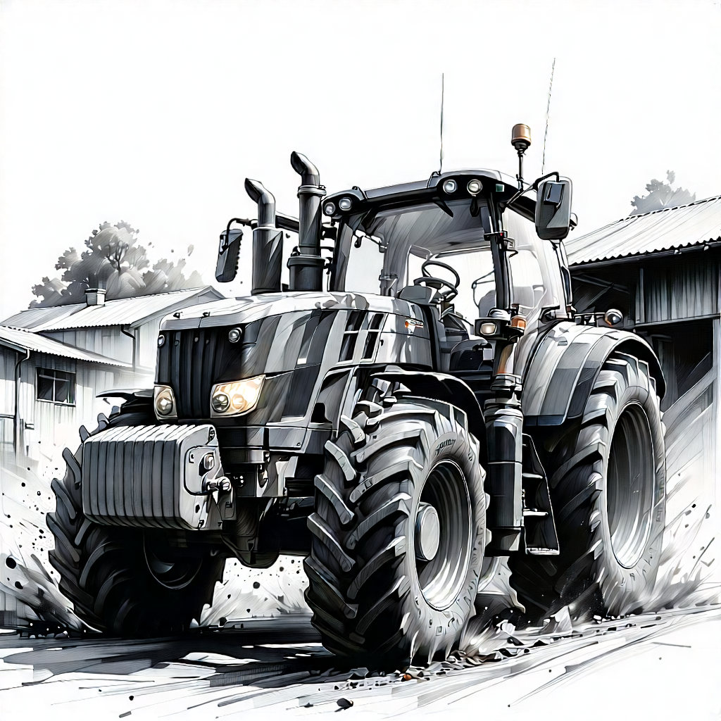 Tech Charcoal Drawing: Agricultural Technology In Manufacturing Facility With Large Tractor