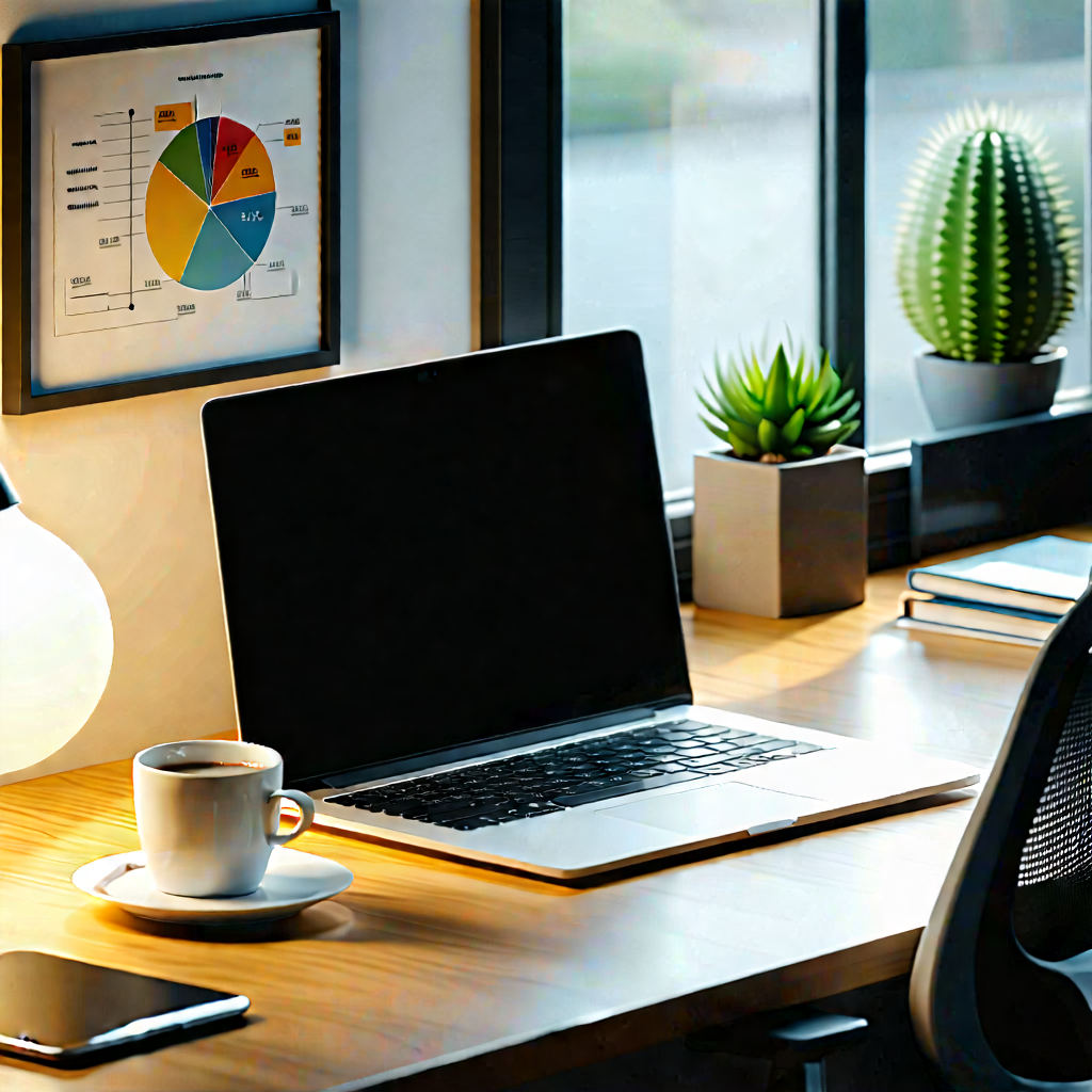 Business Isometric Design: Workplace with laptop and coffee on desk