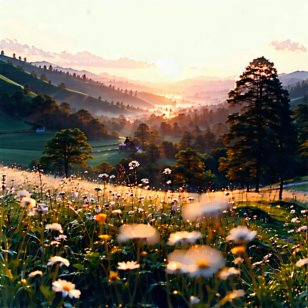 Nature Etching: Meadow During Sunset With Image, There