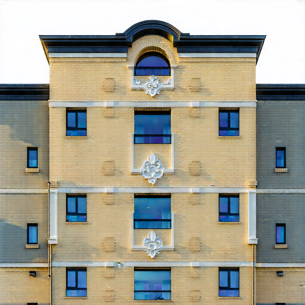 Urban Commercial Photography: (modern:1.21) Apartment Complex With Ornate Details With Large Building