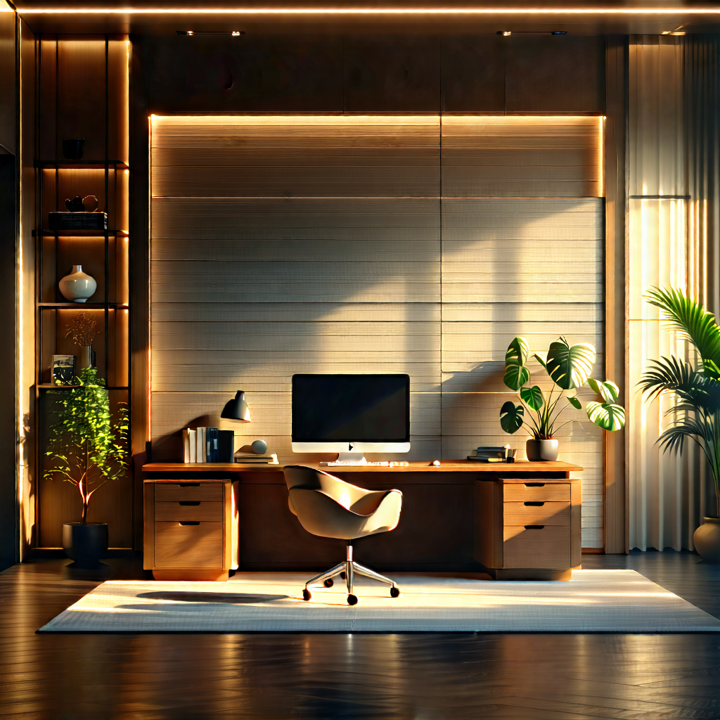 Lifestyle Architectural Photography: Home Office With Warm (lighting:1.33) With Large, Well-lit