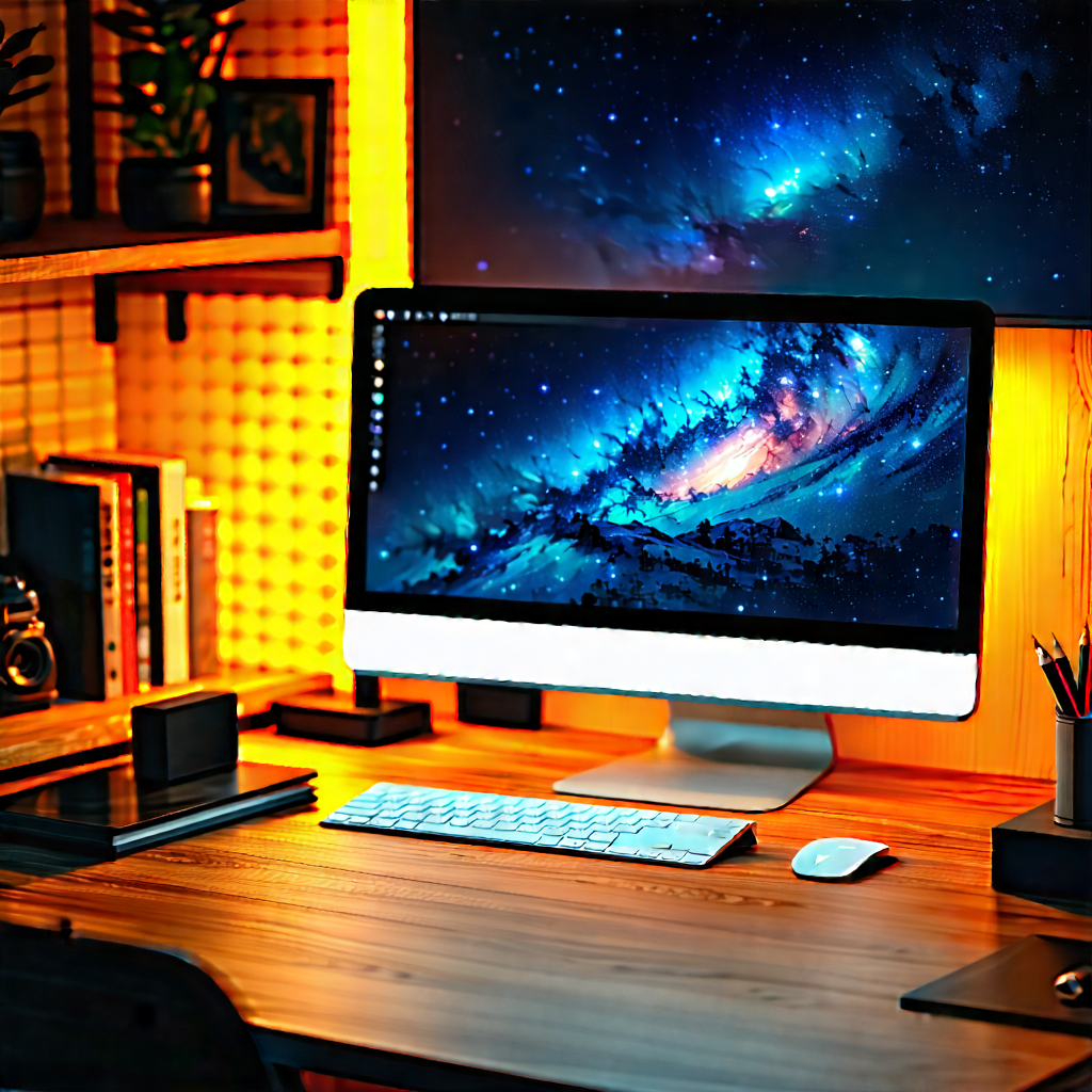 Lifestyle Product Photography: Home office with warm (lighting:1.14)