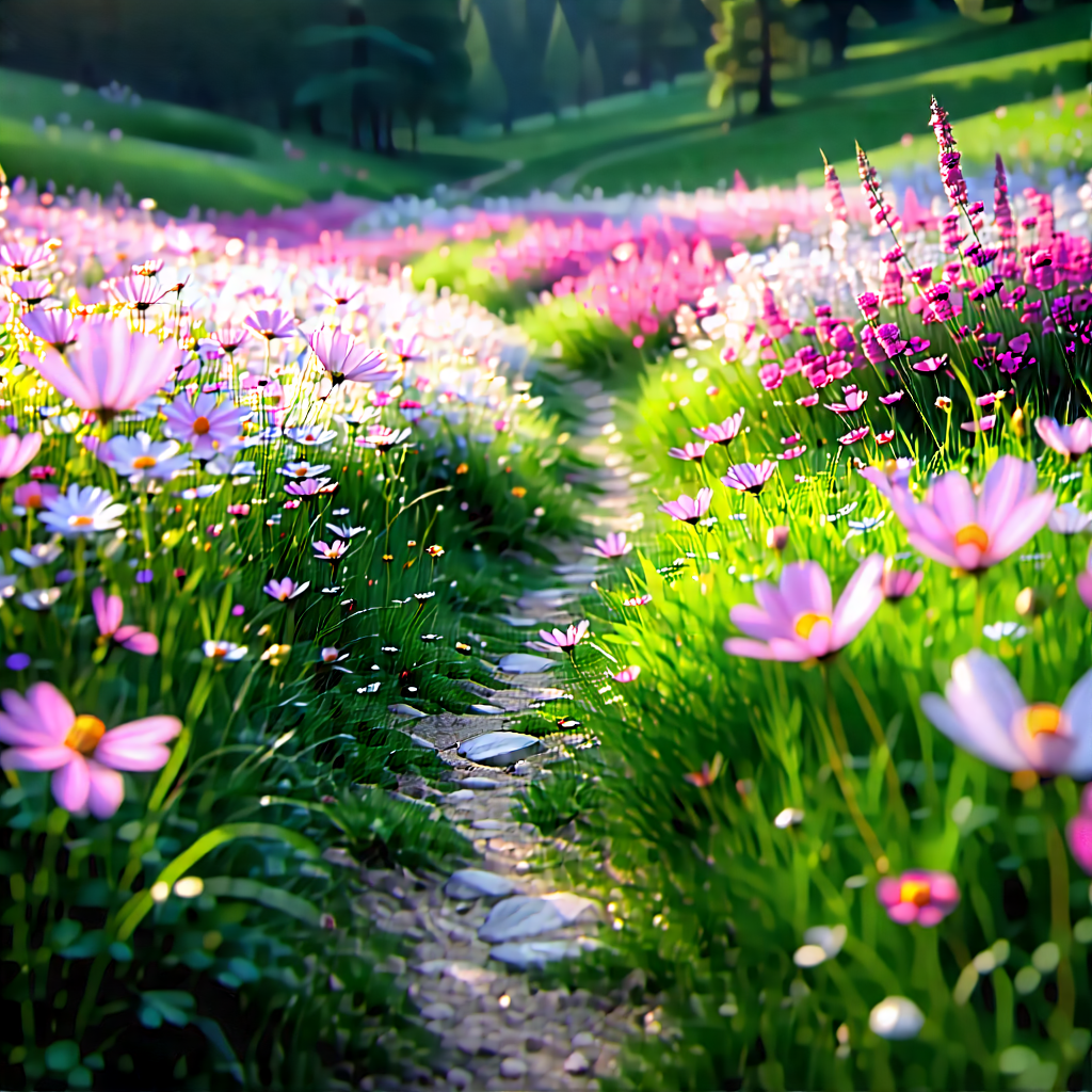 Nature Product Photography: Path Through Flowering Meadow With Beautiful, Colorful