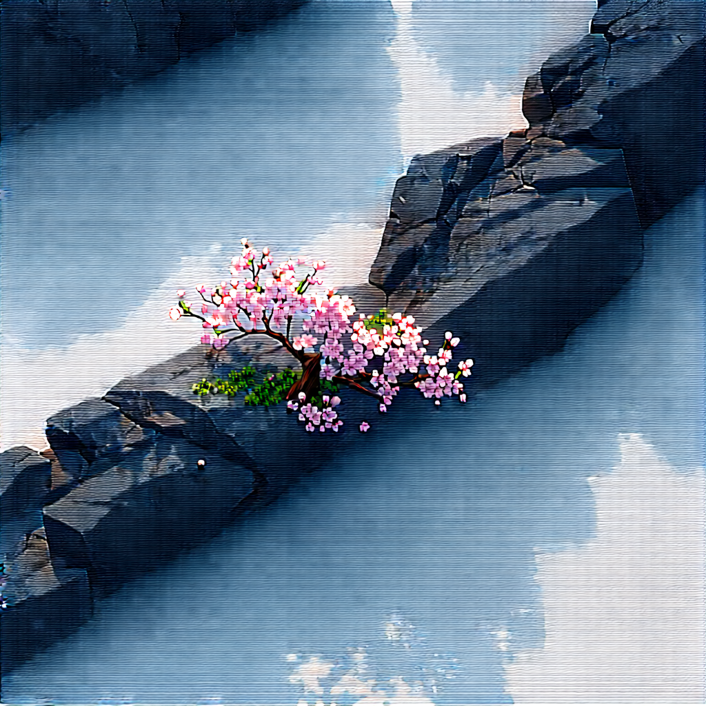 Nature Aerial Photography: Cherry Blossoms In Rocky Terrain With Small Tree