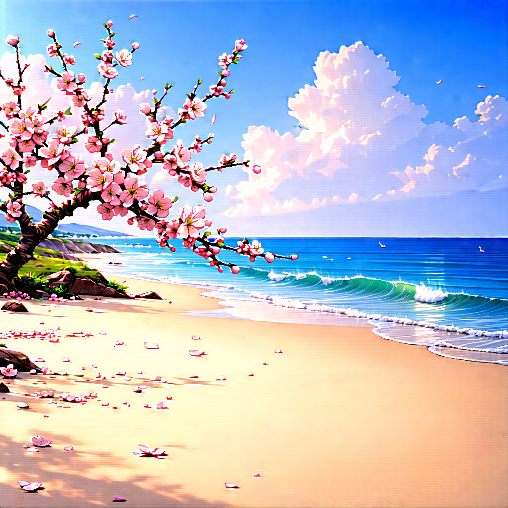 Nature Digital Illustration: Cherry Blossoms In Coastal Environment With Beautiful Painting