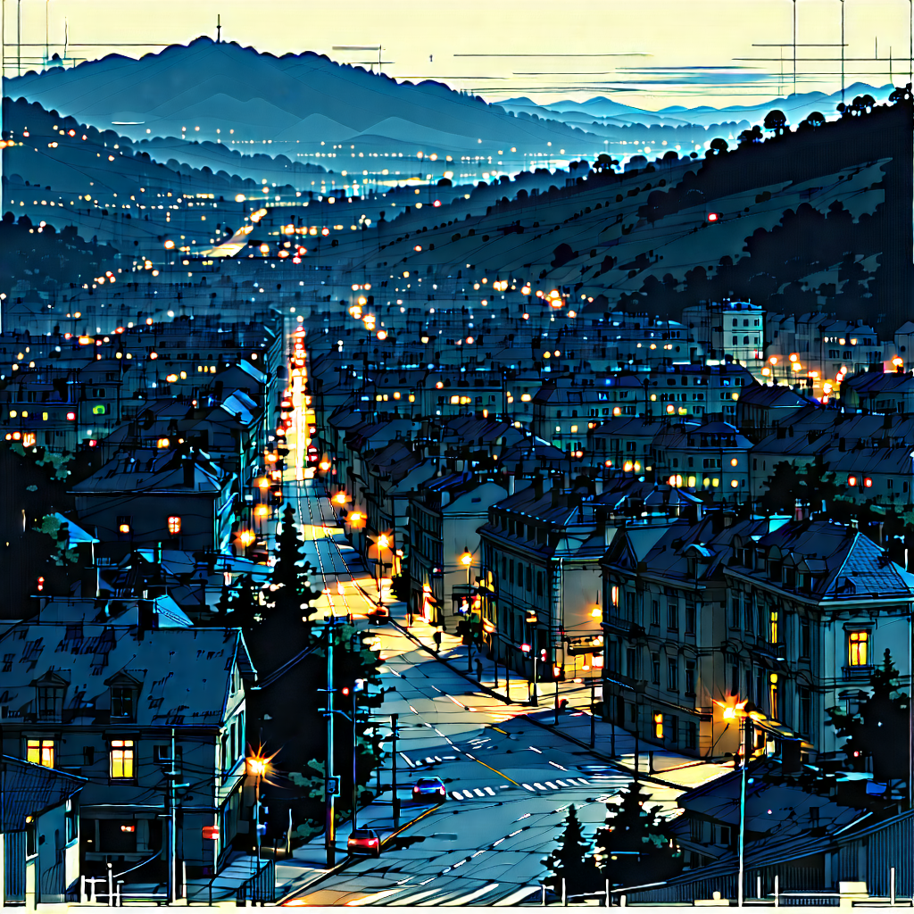 Urban Etching: Cityscape Of Small Town During Night With Black White