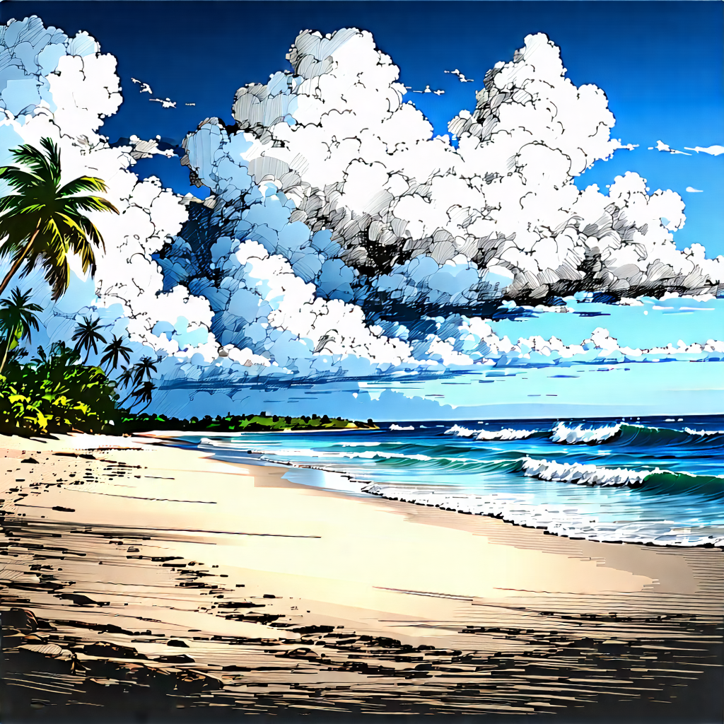 Nature Ink Drawing: Dramatic Clouds Over Tropical Beach With Painting Beach