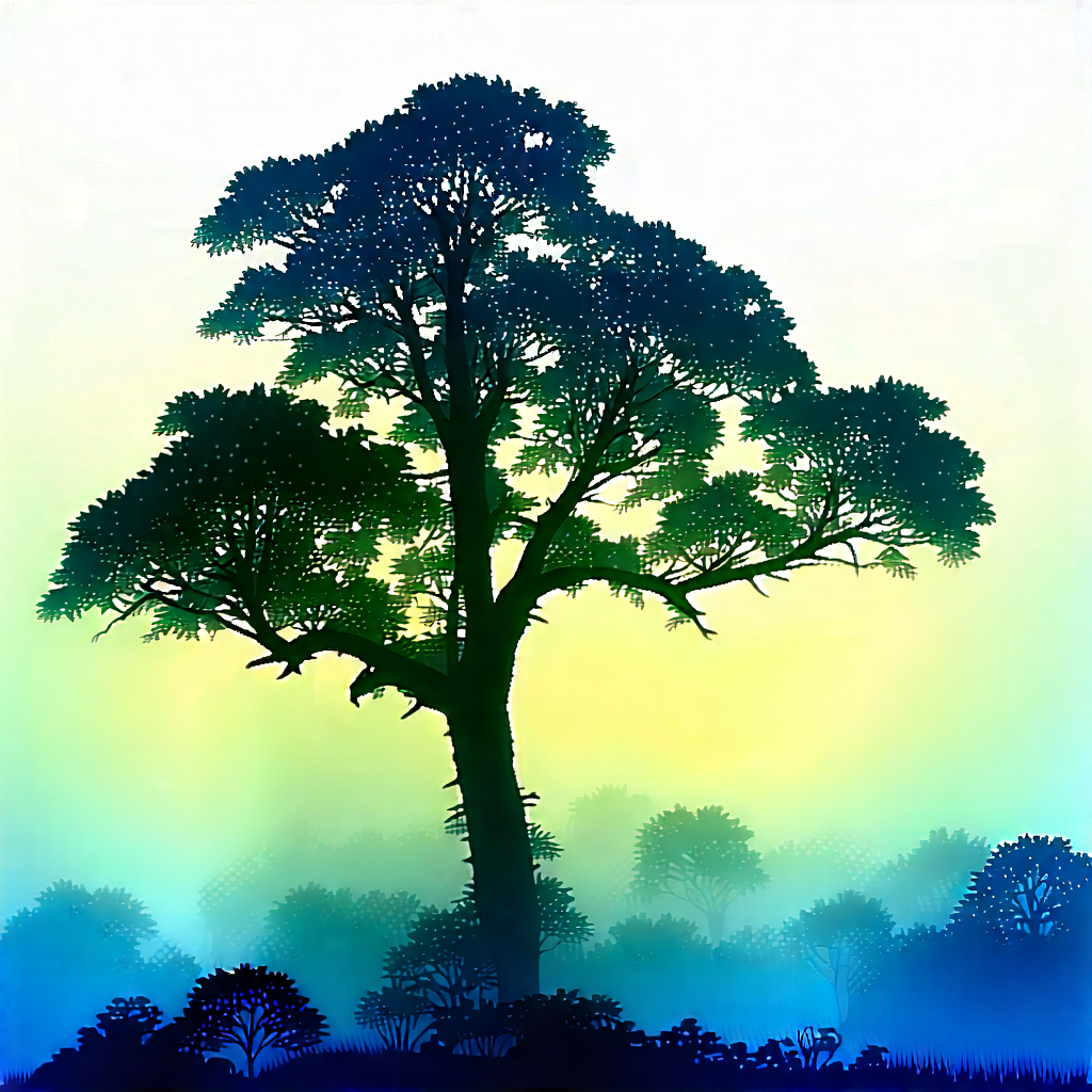 Nature Linocut Print: Ancient (tree:1.28) In Misty Environment With Large Tree