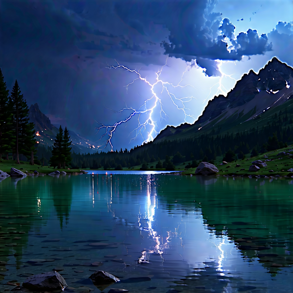 Nature 3d Render: Lightning Over Alpine Lake With Captures Beautiful