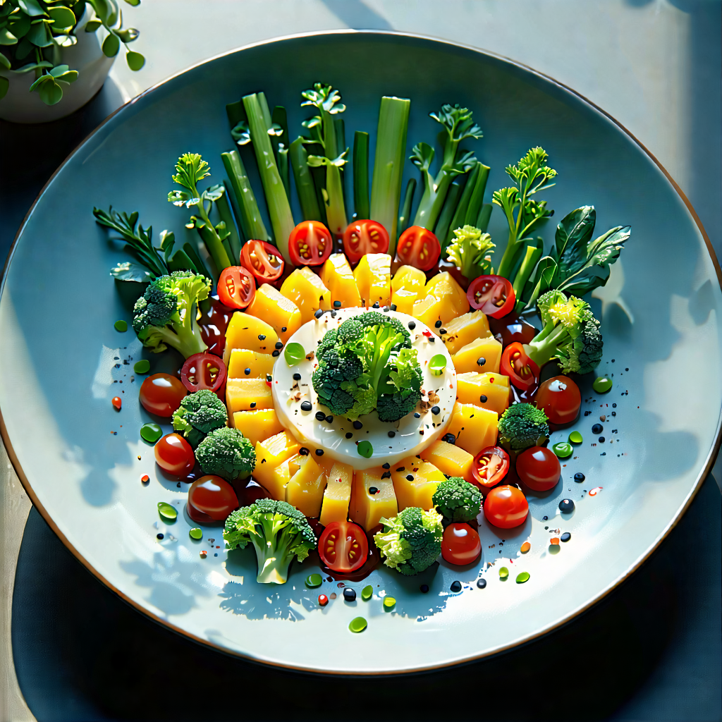 Lifestyle Pastel Drawing: Plant-based Dish Prepared With Seasonal Produce With Large, Colorful