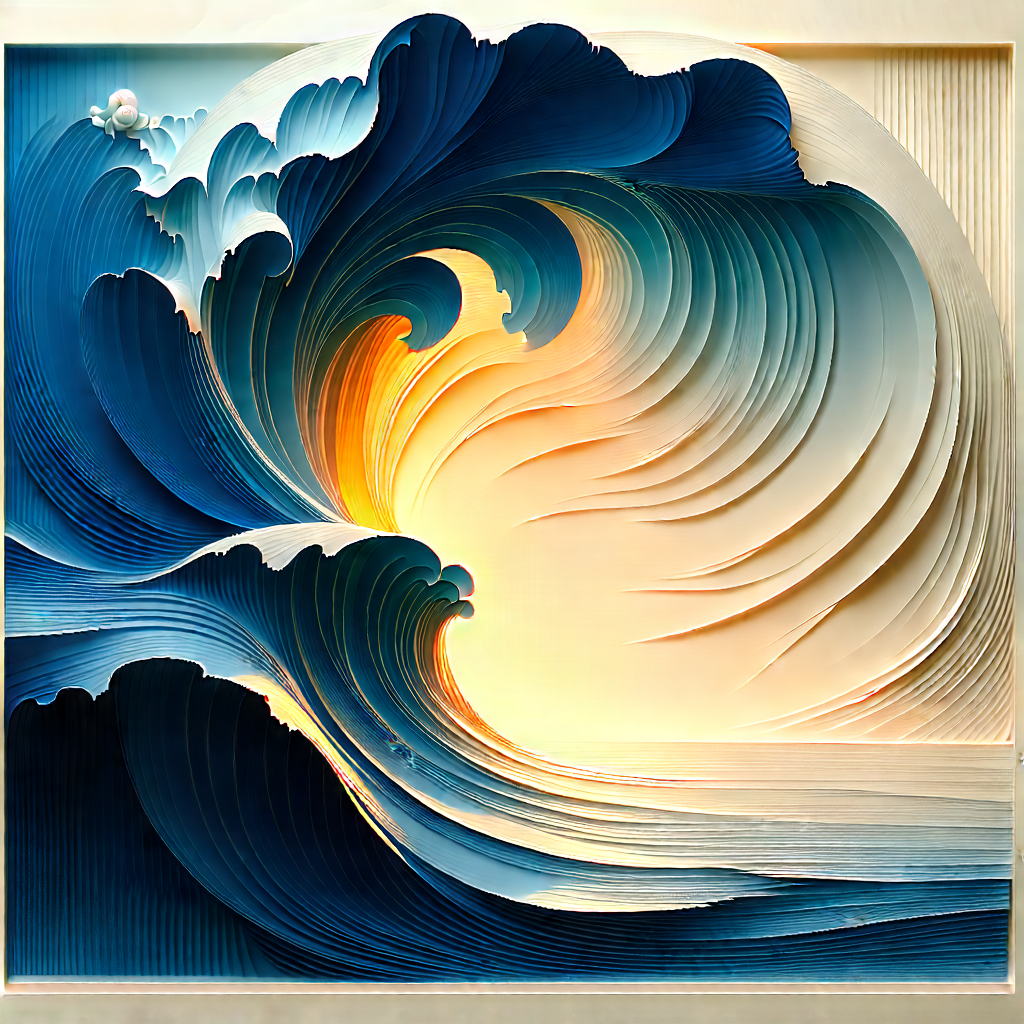 Abstract Woodcut Print: Fluid Dynamics Captured In Abstract Form With Large Blue