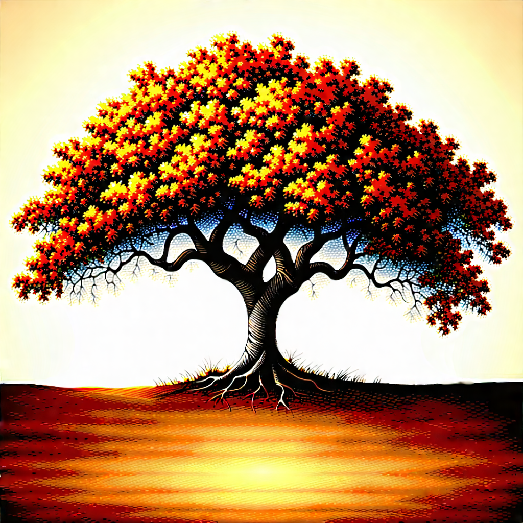 Nature Lithograph: Ancient Tree In Autumn Colors With Large Tree