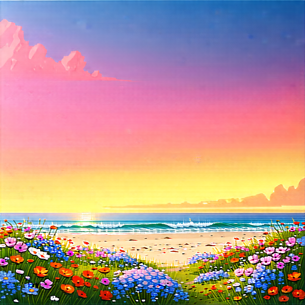 Nature Concept Art: Wildflowers In Coastal Environment With Beautiful Beach