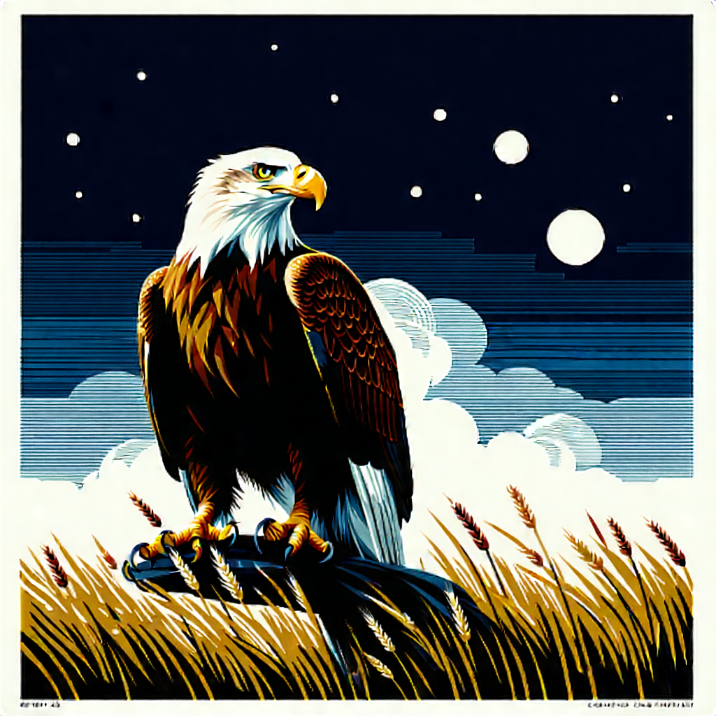 Nature Linocut Print: Eagle In Prairie Grassland With Majestic Bald