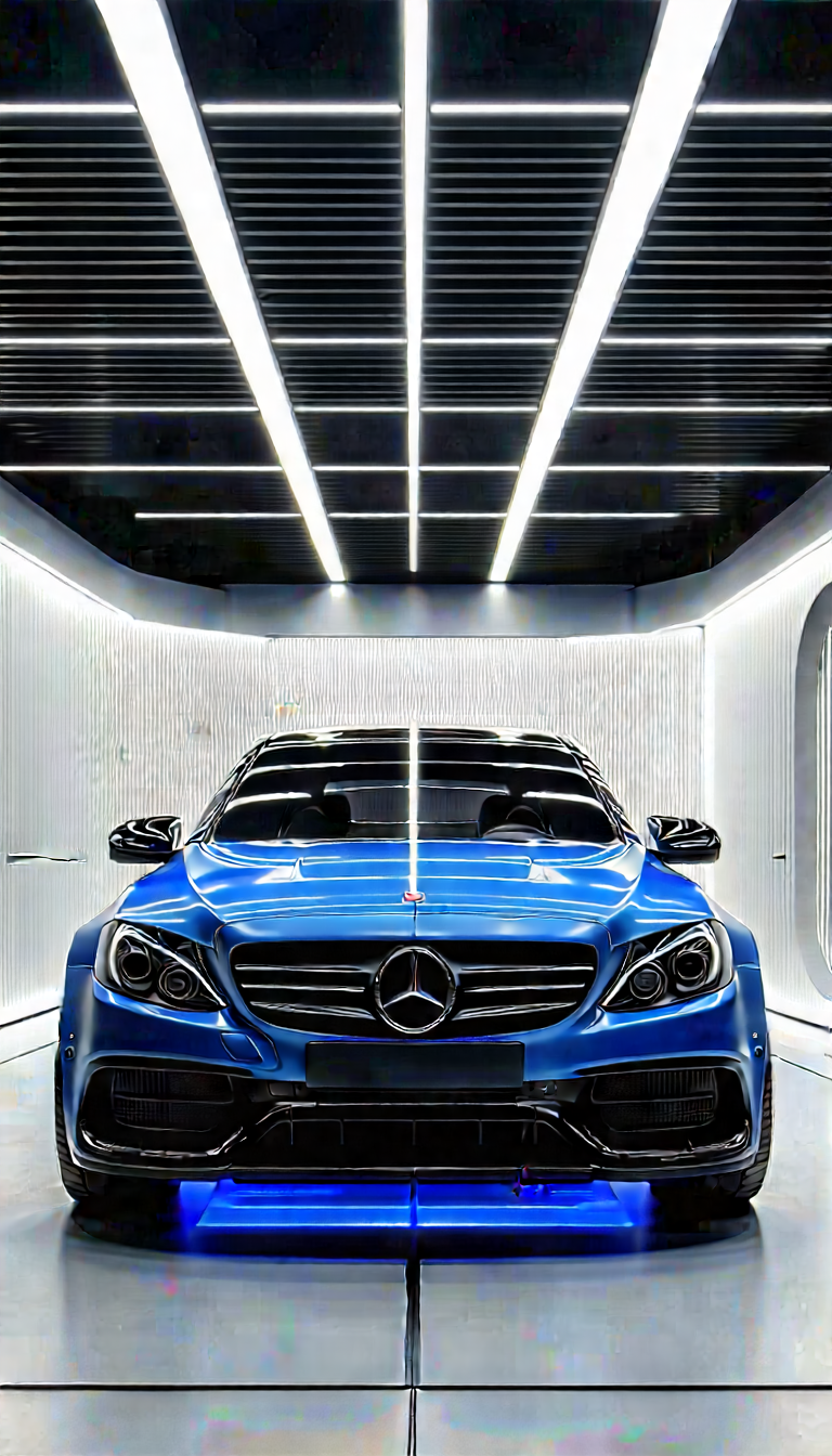 Tech Matte Painting: Automotive Technology In Manufacturing Facility With Blue Parked