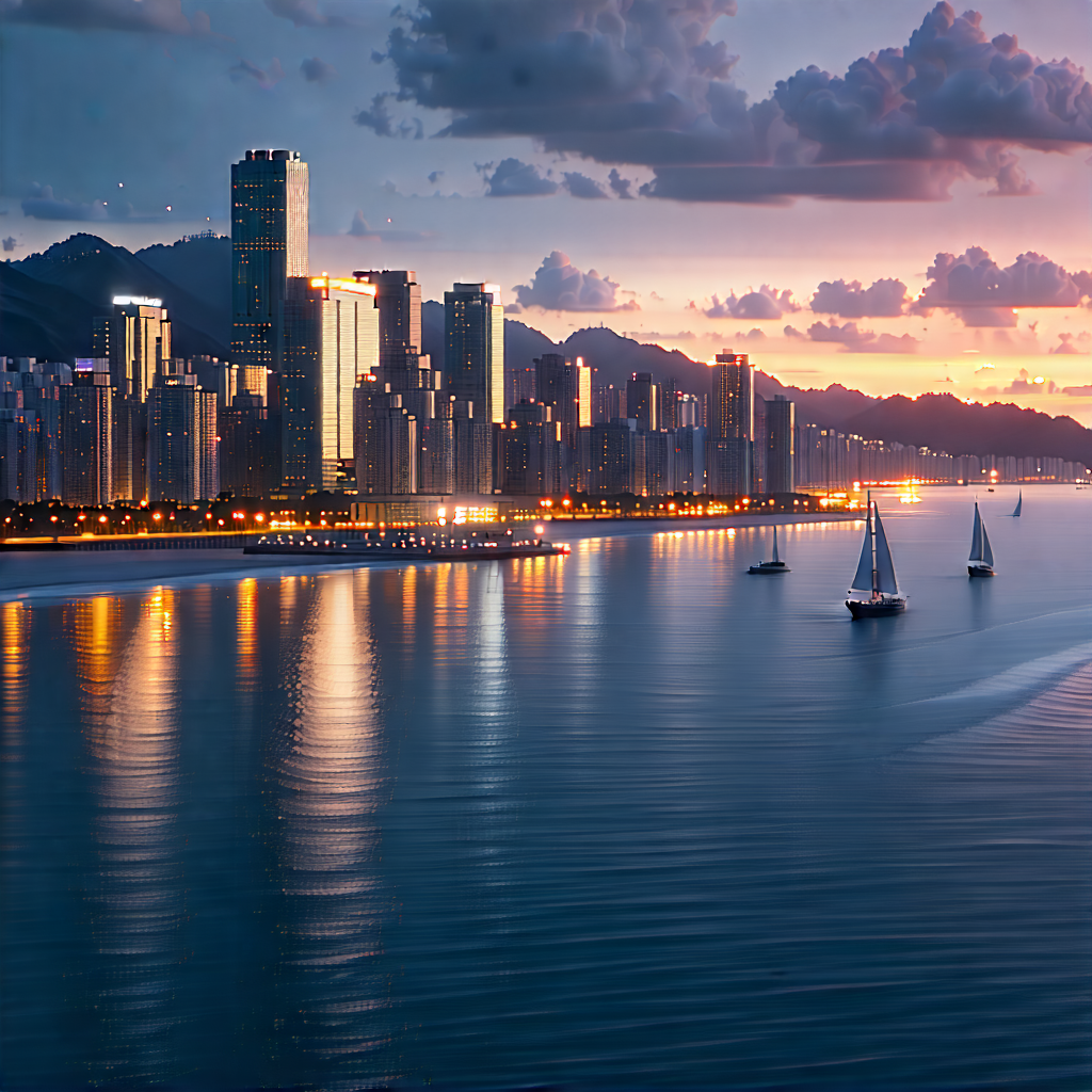 Urban Cinema 4d: Cityscape Of Coastal City During Sunset With Large City