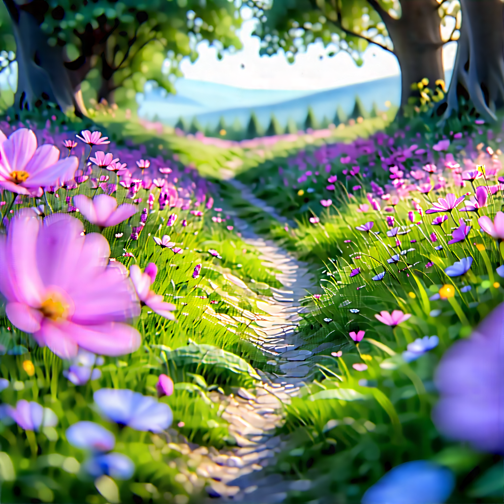 Nature 3d Render: Path Through Flowering Meadow With Beautiful, Colorful