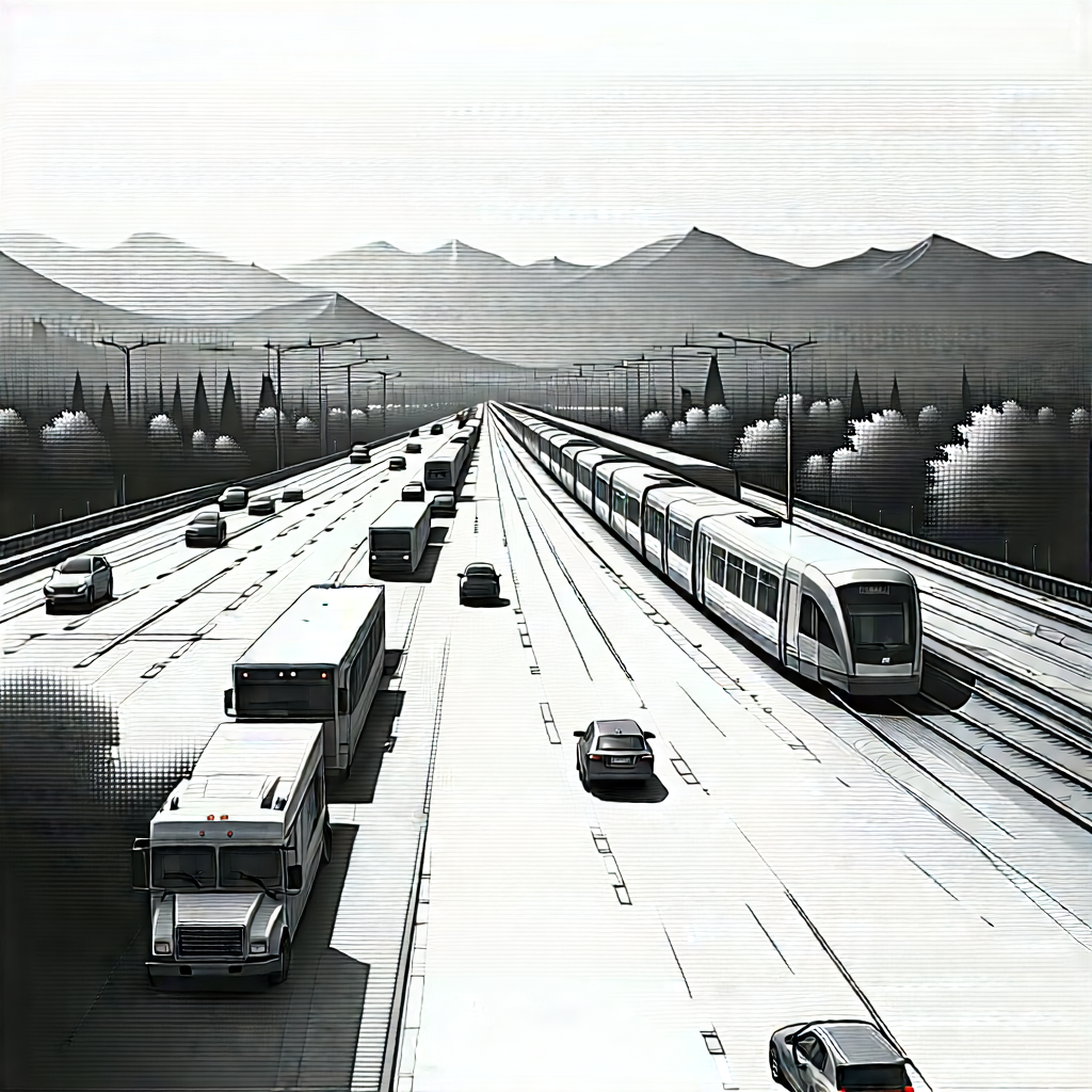 Urban Ink Drawing: Aerial View Of Transportation Hub With Train Traveling