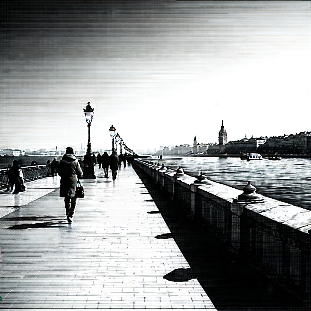 Urban Charcoal Drawing: Waterfront promenade with sightseeing