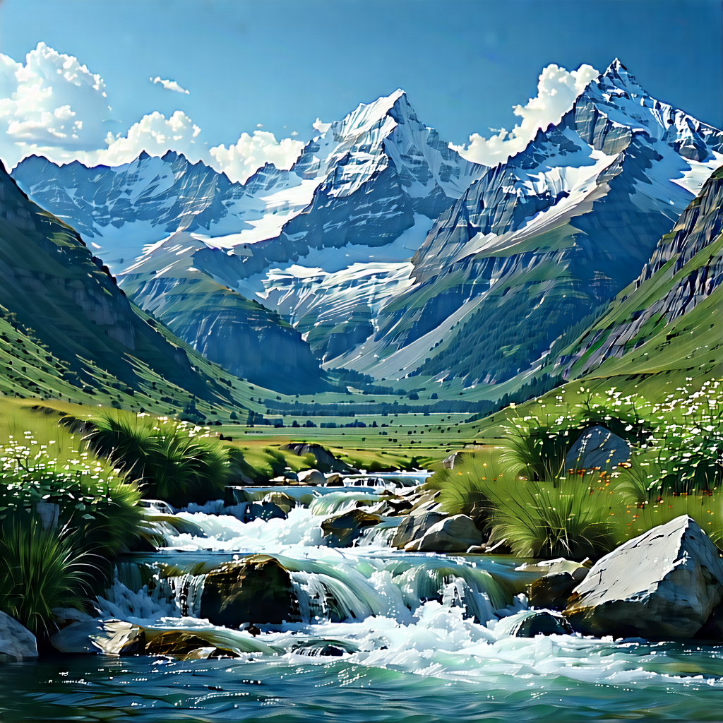 Nature Diagram Style: Mountain Stream Surrounded By Mountain Peaks With Beautiful Mountain