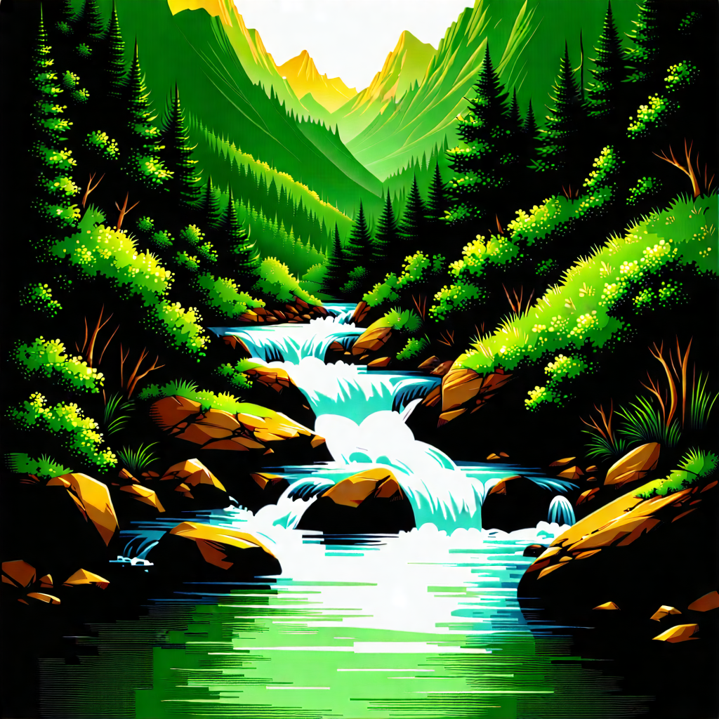Nature Digital Art: Mountain Stream Surrounded By Lush Vegetation With Image, There