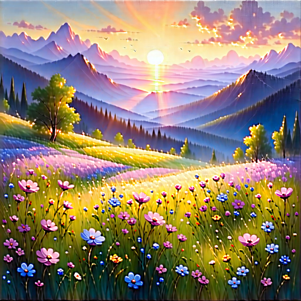 Nature Acrylic Painting: Meadow during sunrise