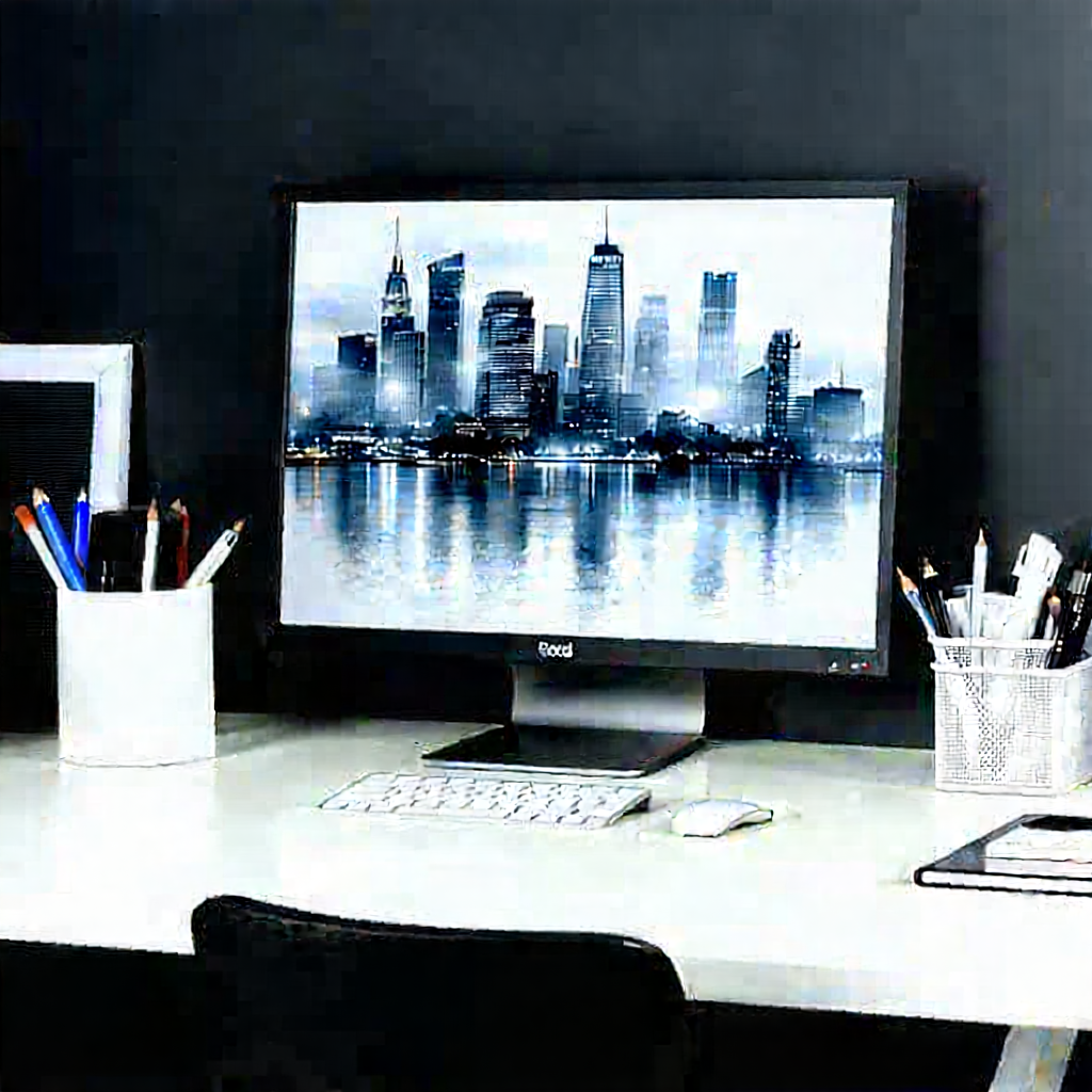 Business Lithograph: Workplace With (modern:1.49) Office Supplies On Desk With Desk Computer