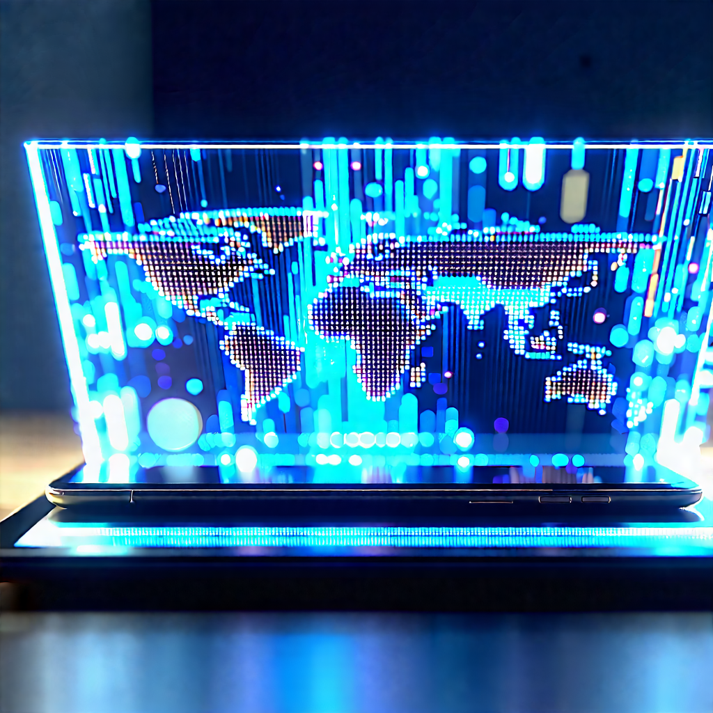 Tech Voxel Art: Tablet With Holographic Display With Blue White