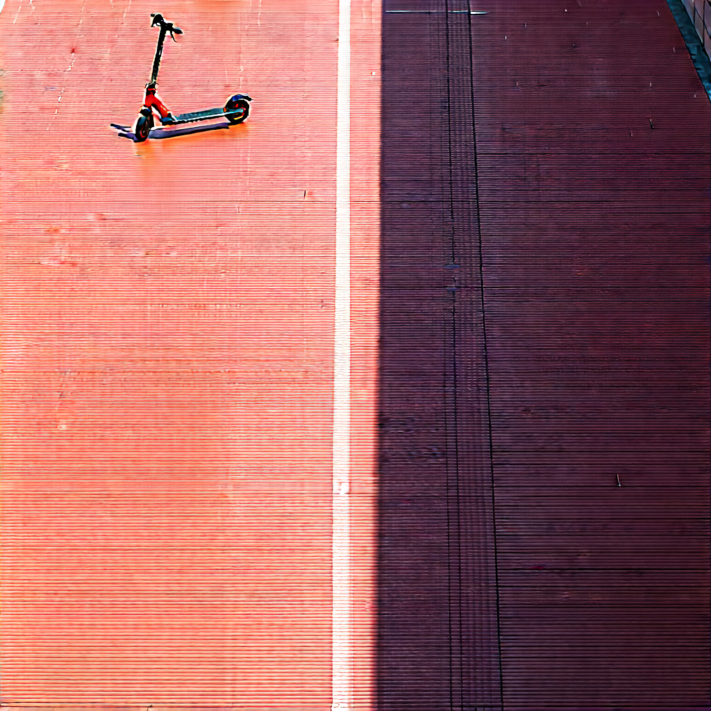 Urban Aerial Photography: (city:1.15) Electric Scooter In Quiet Side Street With Small, Black,