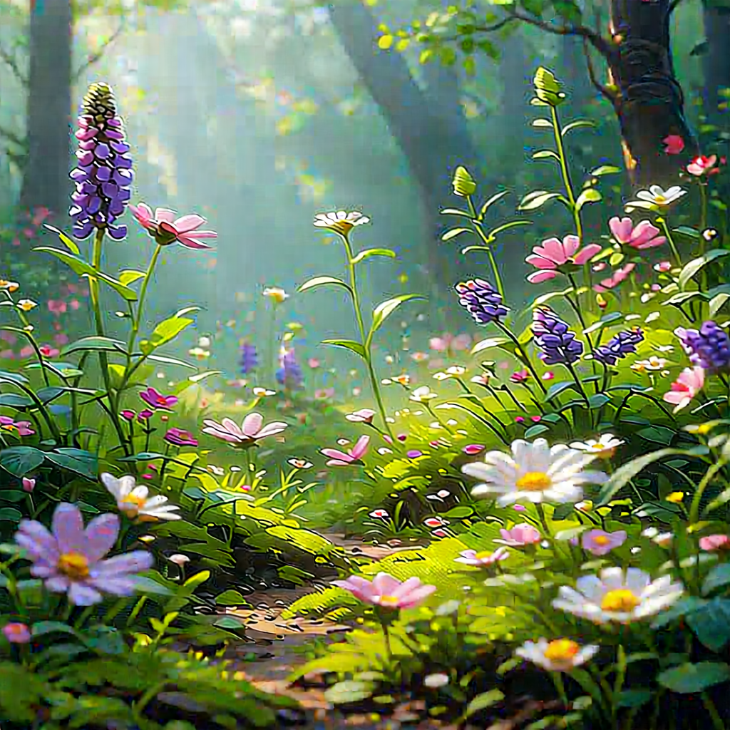Nature Flat Design: Wildflowers In Natural Setting With Lush, Green