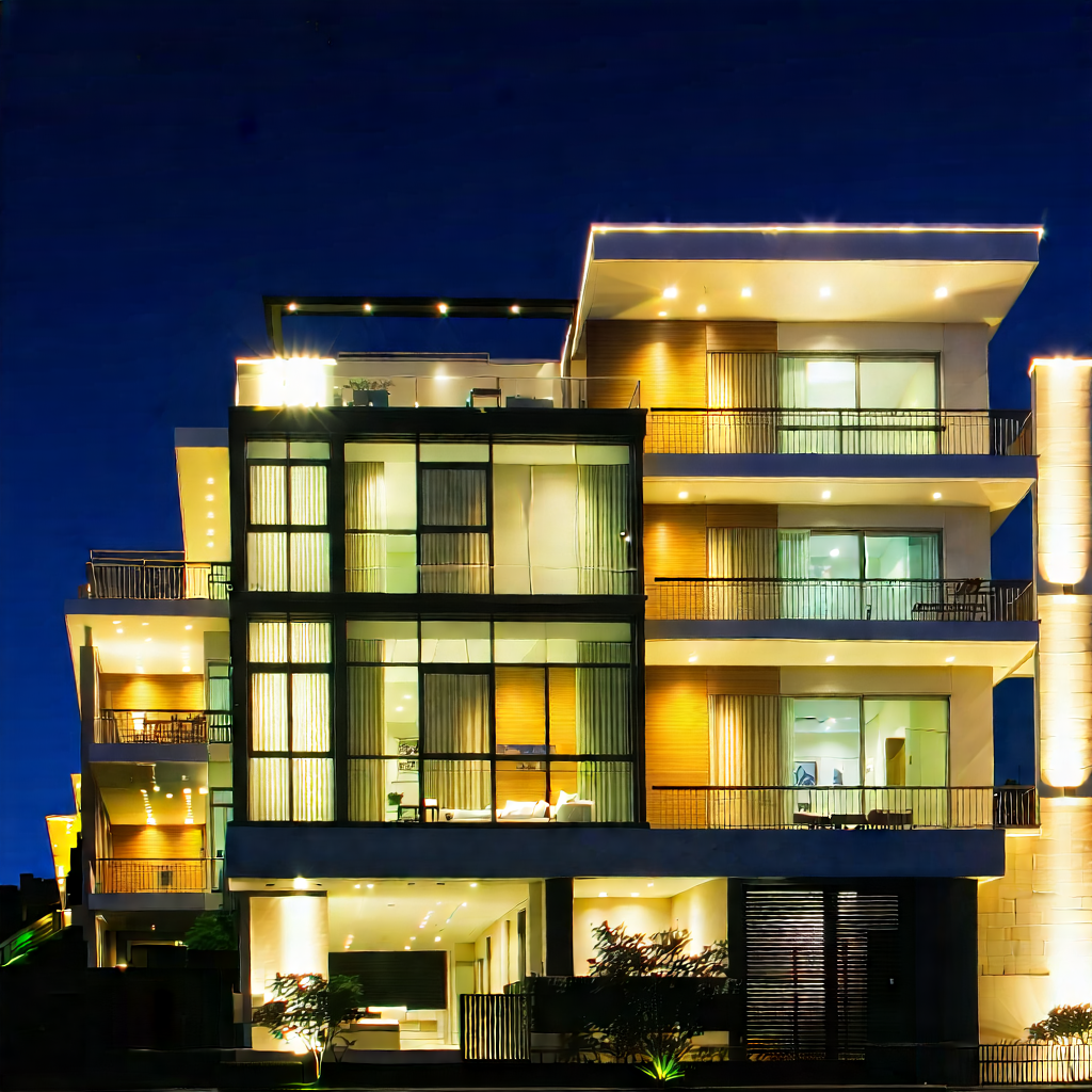 Urban Product Photography: Modern Apartment Complex With (dramatic:1.4) Lighting With Large, Modern