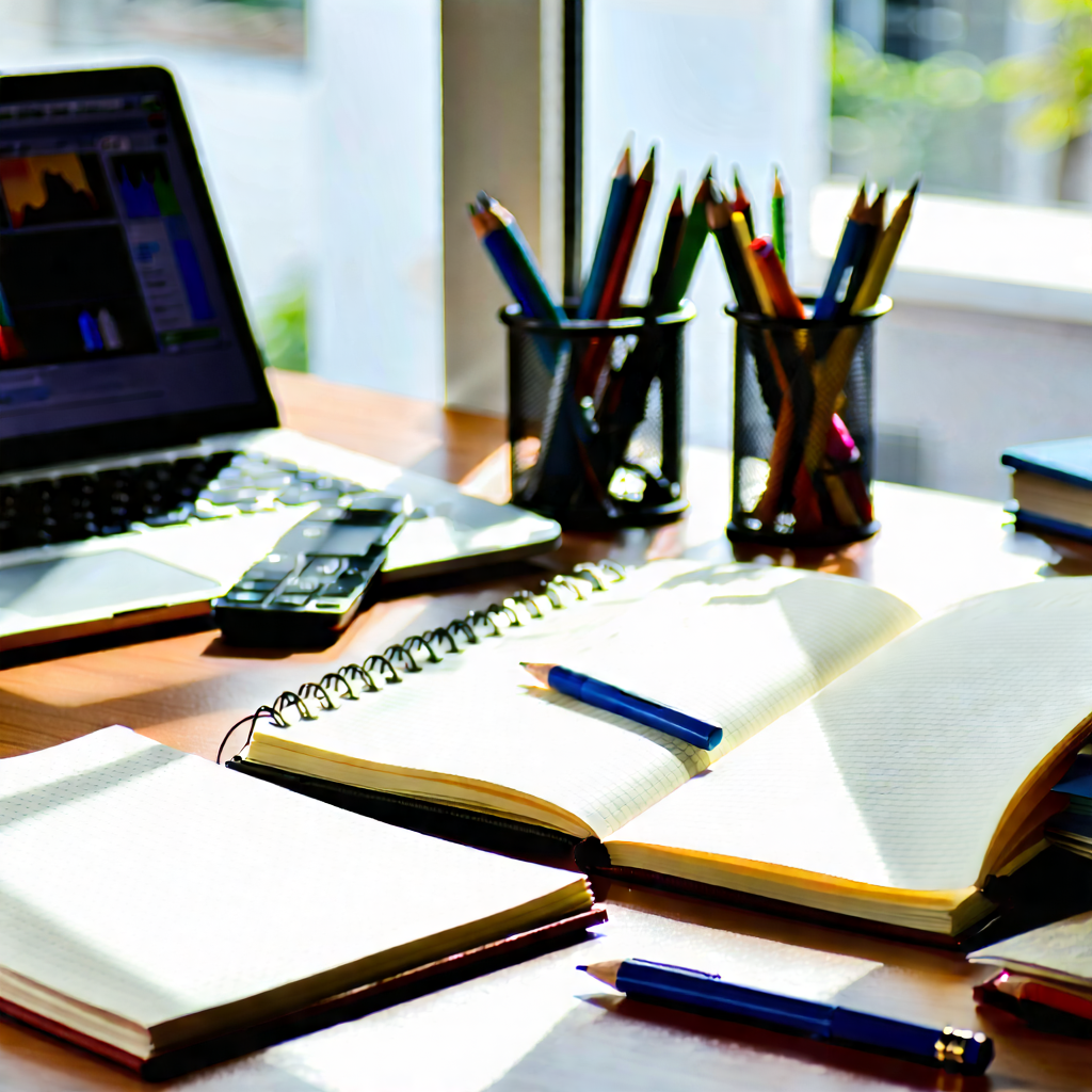 Business Blender Artwork: Workplace with notebooks and pens on desk