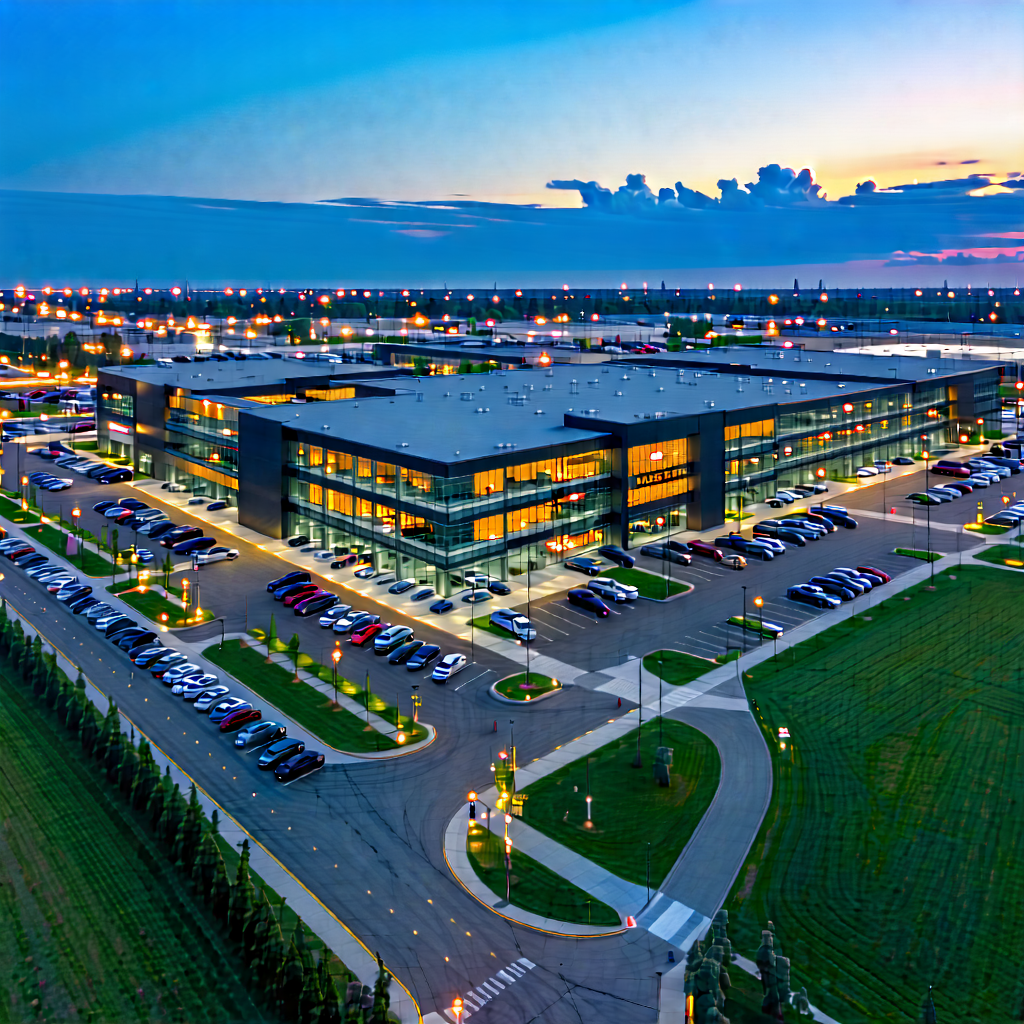 Tech Drone Photography: Aerospace Technology In Tech Office With Large Parking