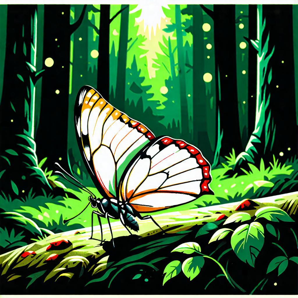 Nature Linocut Print: Butterfly In Forest Environment With White Butterfly