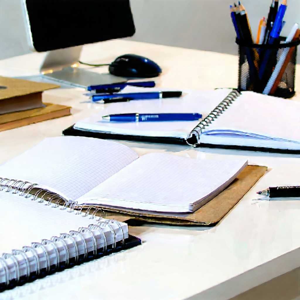 Business Professional Photography: Workplace with notebooks and pens on desk